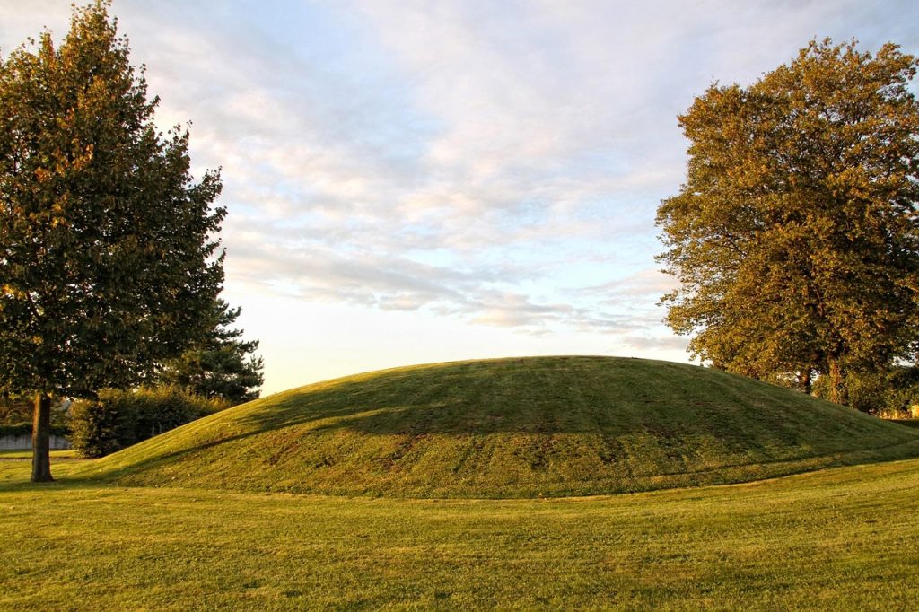 landscape, burial mounds, trees, nature, heaven, clouds