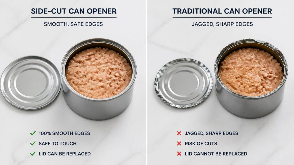Comparison between smooth-edge side-cut and traditional top-cut open cans