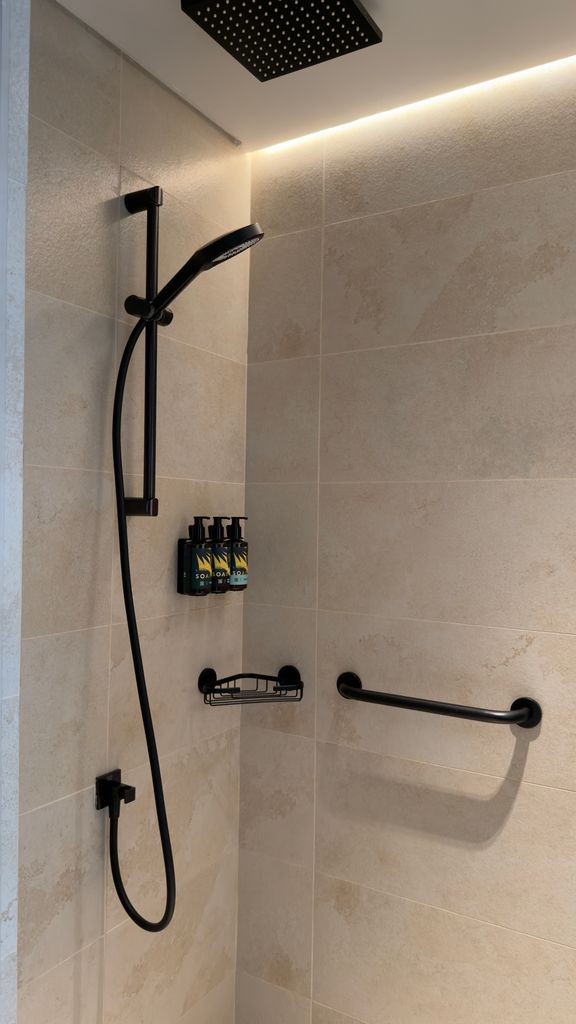 Contemporary bathroom shower area featuring sleek black hardware and modern design elements.