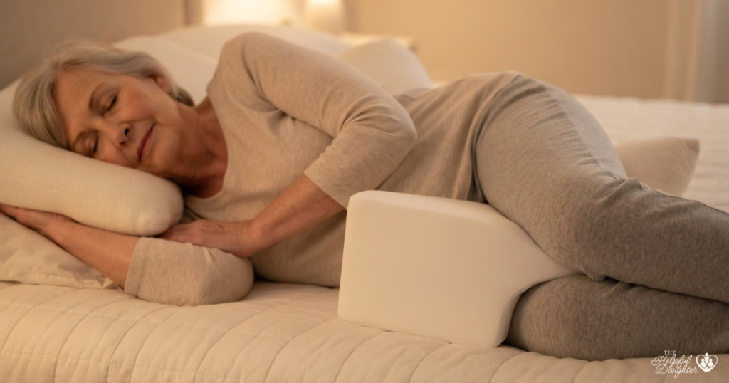 An elderly woman sleeping on her side, supported by a firm memory foam knee pillow placed between her knees. The pillow maintains neutral hip alignment, reducing pressure on her arthritic hip. Her spine is straight.Pillow Positioning for Severe Arthritis
