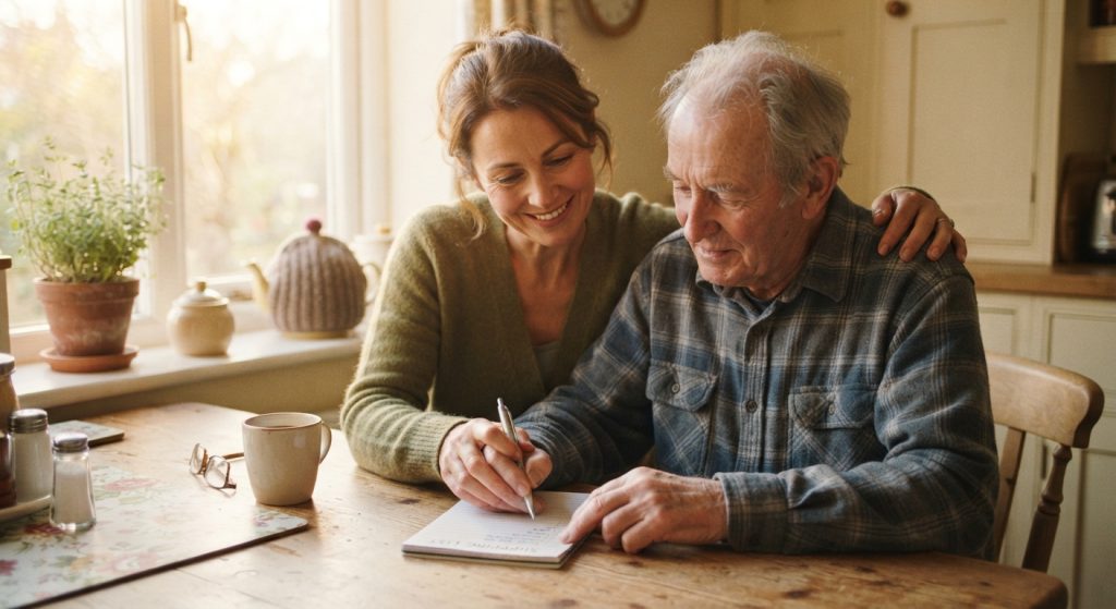 a daughter and her elderly father discussing senior care options