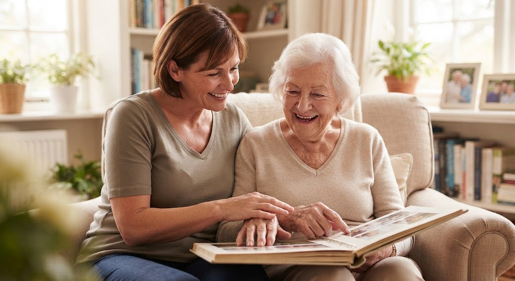 Caregiver and senior parent smiling together while looking through a photo album, illustrating the warmth and connection of person centered care.