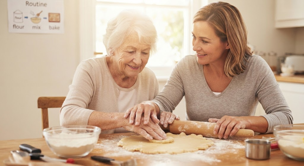 An elderly woman with white hair and a middle-aged woman with brown hair sit side-by-side at a wooden kitchen table, smiling and collaboratively shaping cookie dough.
