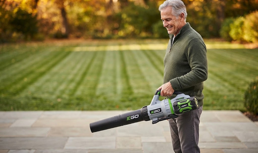 a senior man effortlessly operating lightweight leaf blower for seniors